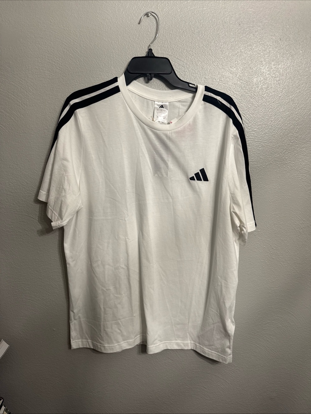 adidas White Short Sleeve Tee with Black Shoulder Stripes